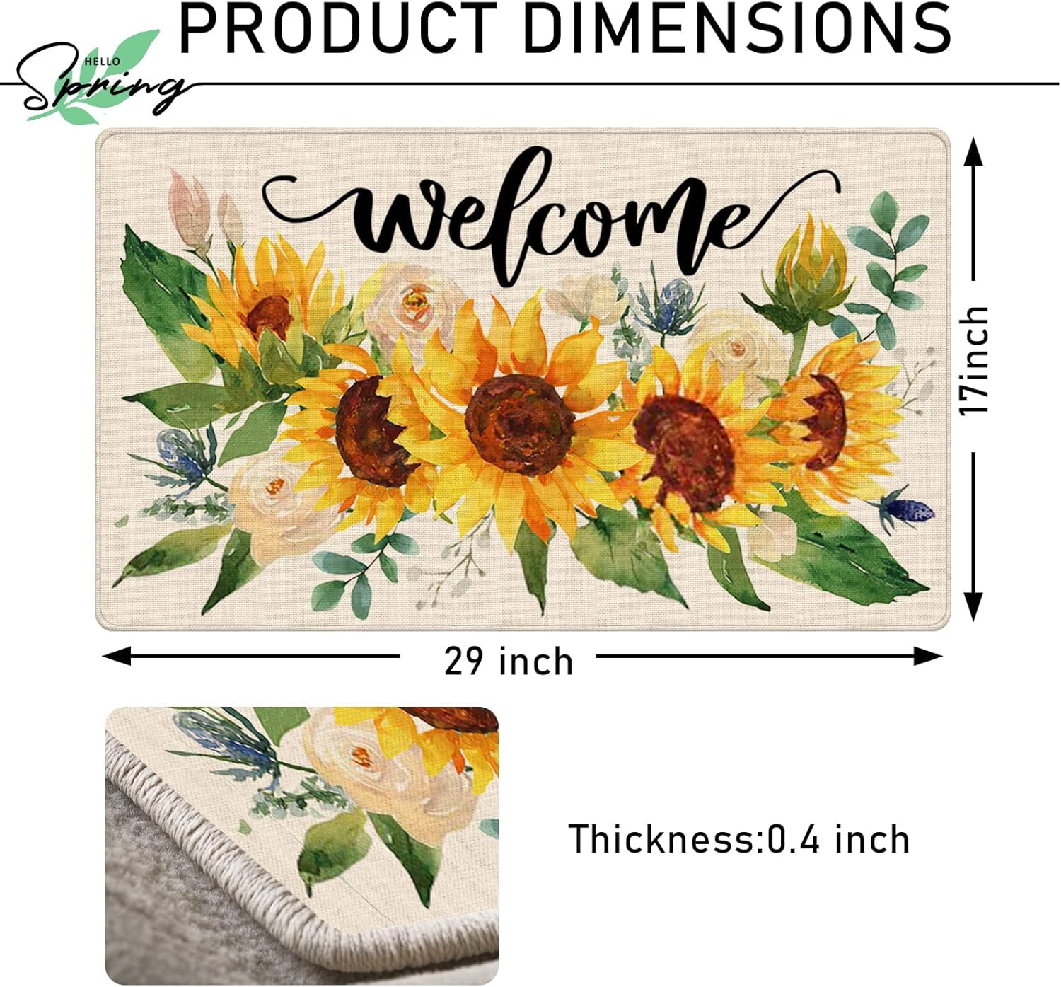 Welcome Fall Sunflower Decorative Front Door Mat, Autumn Floral Flowers Doormat Indoor Outdoor Rose Non-Slip Floor Entryway Rug, Spring Summer Home Kitchen Decoration 17x29 Inch