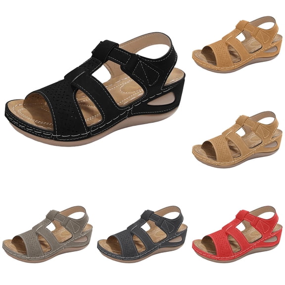 AUDeals Women Orthopedic Wedge Sandals, Open Toe Ankle Strap Platform Shoes, Arch Support Massage Sole Comfort Footwear for Outdoor Summer Walking (Black, 7)
