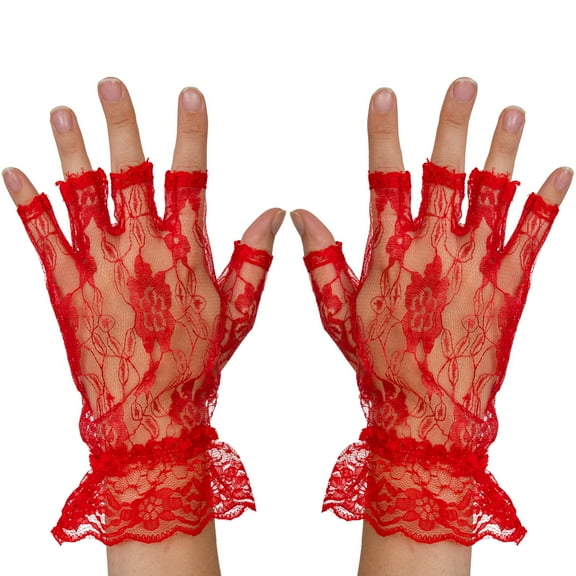 Skeleteen Fingerless Lace Red Gloves - Ladies and Girls Ruffled Lace Finger Free Bridal Wrist Gloves