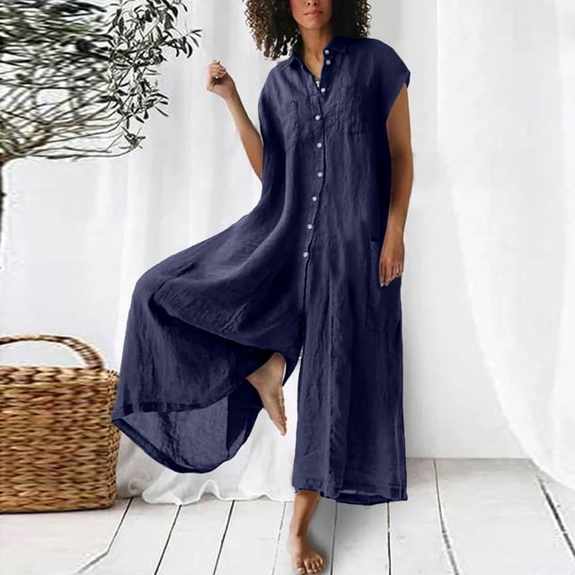 LOVZFMLL Combinaison pour Femmes Couleur Unie Décontractée Manches Courtes Longueur Moyenne Coton Lin Chemise Combinaison