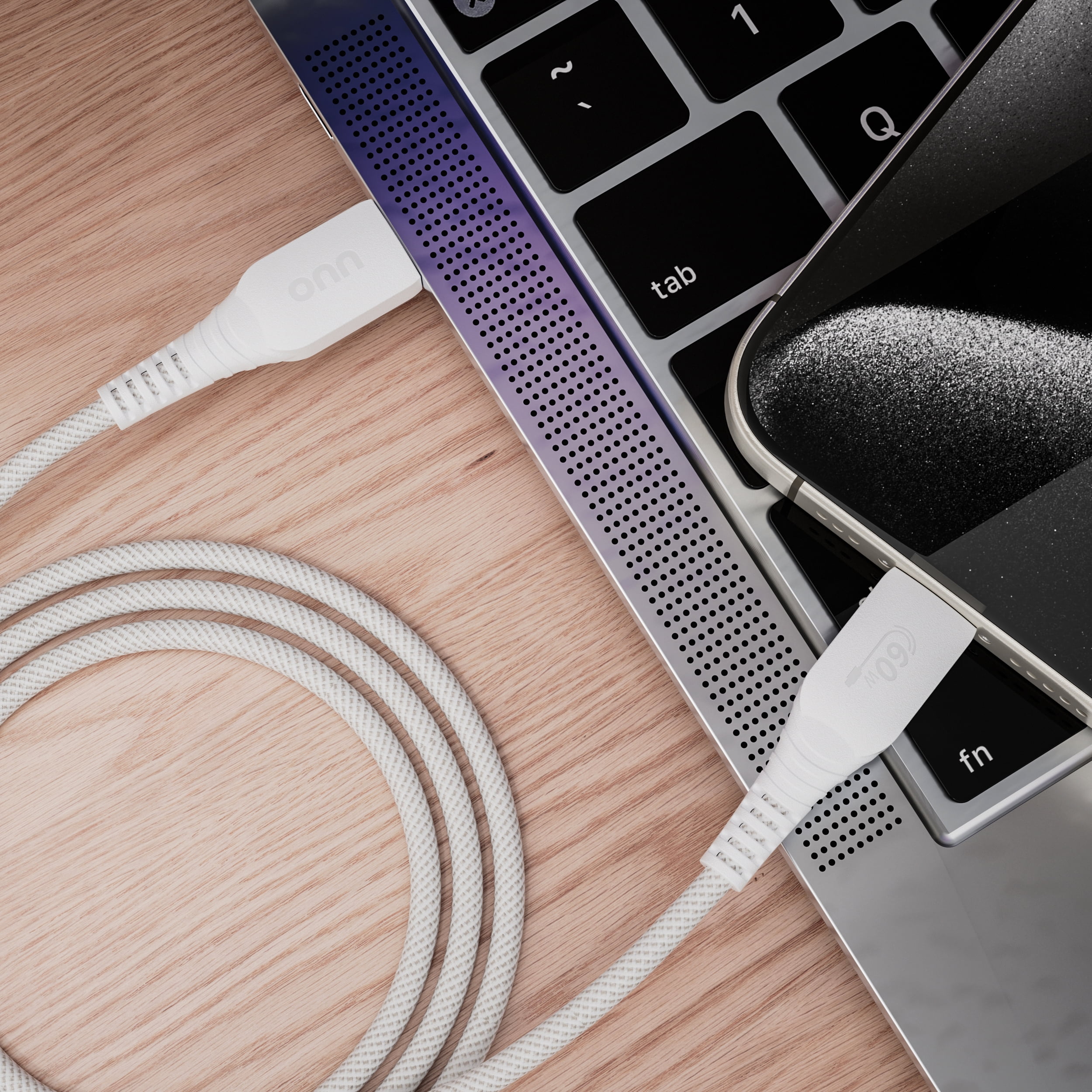 (2 pack) onn 3ft USB-C To USB-C Braided Charging Cable, USB-IF Certified, White - Compatible with iPhone 16 Series, iPhone 15 Series, Samsung Galaxy, Note, Pixel Devices iPad Pro, & More