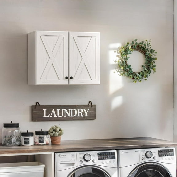 FIMELLO Laundry Room Wall Cabinets,Farmhouse Wall Mounted Cabinets for Kitchen Garage Laundry Storage, Medicine Cabinet with 2 Door and Shelves,Bathroom Wall Cabinet, White