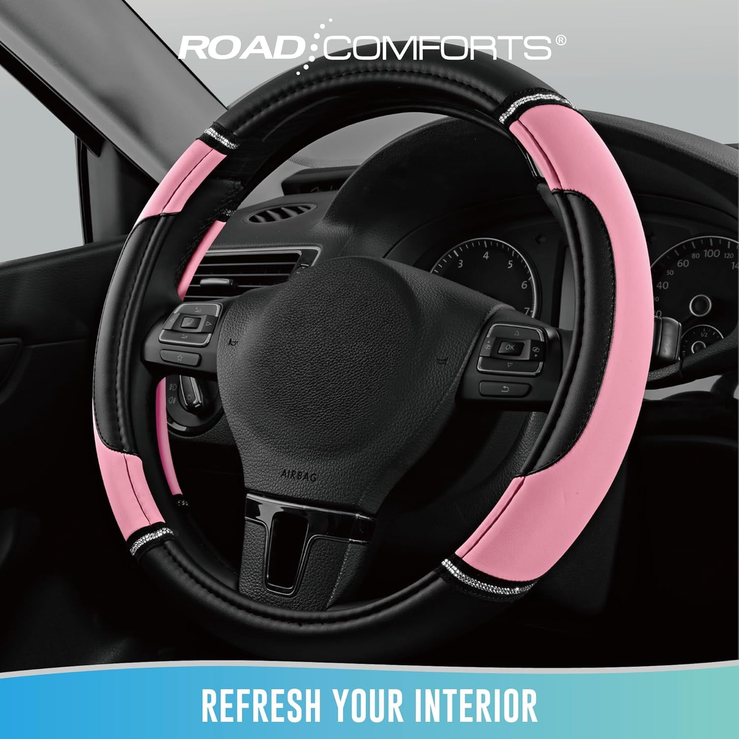 Leather Steering Wheel Cover - Made with PVC Leather - Anti-Slip, Universal Fit 14 1/2 inches to 15 inches - Pink