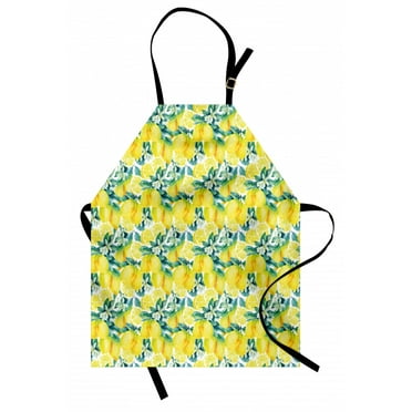 Modern Apron Watercolor Paintbrush Stylized Lemons with Murky Hazy Effects Artful Image, Unisex Kitchen Bib Apron with Adjustable Neck for Cooking Baking Gardening, Forest Green Yellow, by Ambesonne