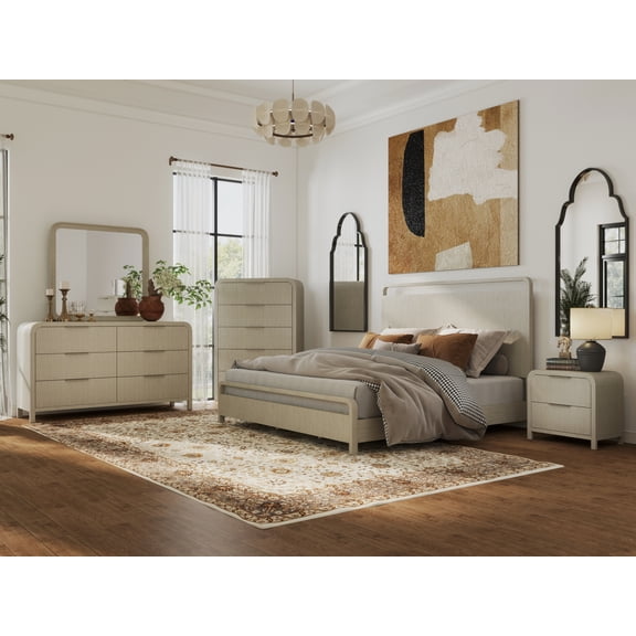 Roundhill Furniture Tavari 5-PC King Bedroom Set, Dresser, Mirror, Nightstand, Chest, Light Gray