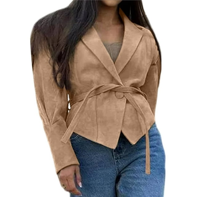 Chaqueta de con Parches y Cinturón para Mujer, de Larga, con Cordón Ajustable, Abrigo Grueso para Mujer, Ropa de Calle Caqui S
