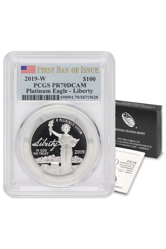 2019-W $100 Platinum Eagle PCGS PR70 Deep Cameo  First Day of Issue Flag Label U.S. Mint Coins