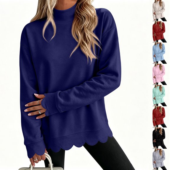 VV AVEORS Womens Oversized Mock Neck Sweatshirts Scalloped Casual Pullover Tops Lightweight Loungewear Athletic Daily Long Sleeve Comfort Tunic Navy S