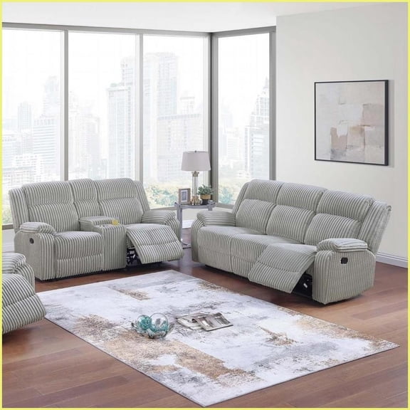 Contemporary 2pc Reclining Sofa & Loveseat Set with Console – Gray Fur-Like Corduroy | Pillow Top Arms | Living Room Motion Furniture
