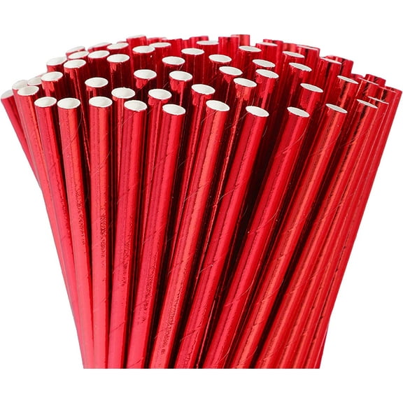 100 Pack Red Paper Straws,Biodegradable Red Straws,Disposable Paper Drinking Straws,Cake Pop Sticks,Foil Paper Straws for Birthday Bridal/Baby Shower Wedding Party Supplies Decorations