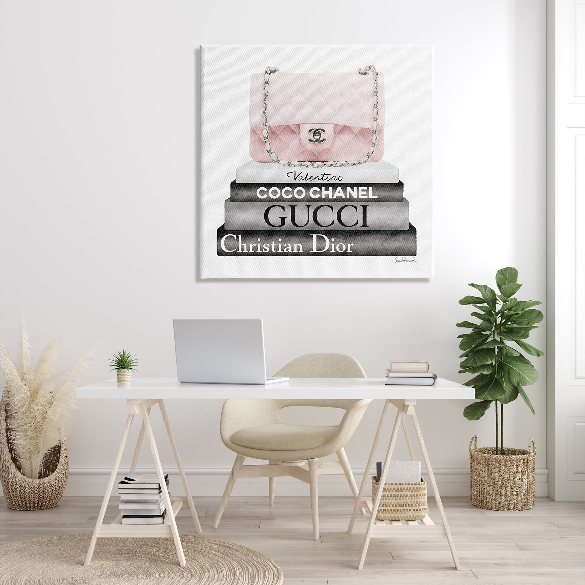 Stupell Industries Pink Quilted Purse on Modern Chic Bookstack Beauty & Fashion Painting Gallery Wrapped Canvas Print Wall Art, 36 x 36