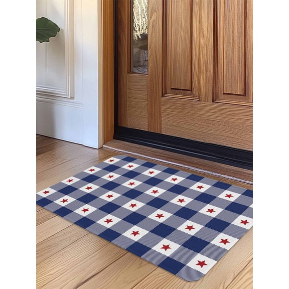 4th of July Door Mat Indoor Outdoor Entrance,Non Slip Small Rug for Kitchen Bathroom Entryway Rug,Independence Day Blue White Plaid Red Star Washable Doormat Floor Mat for Office Home 16x24 Inch