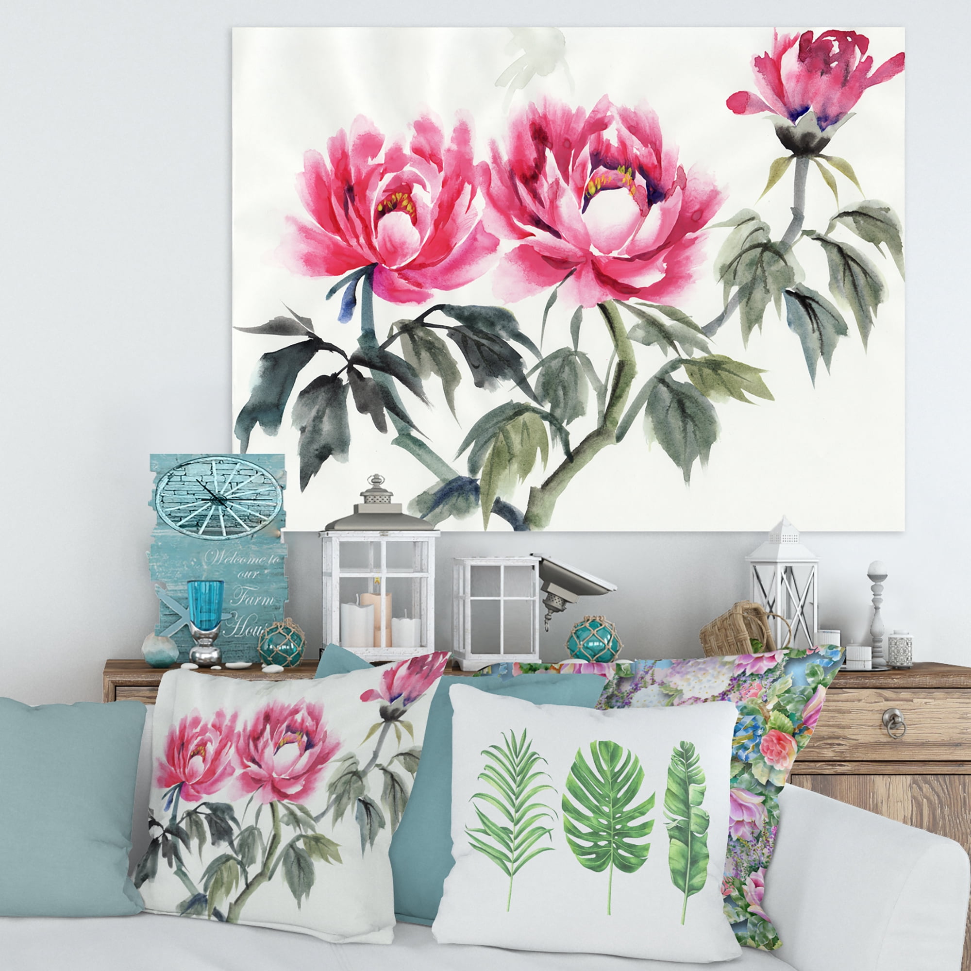 Designart ' Ancient Purple Peonies Branch ' Traditional Canvas Wall Art Print