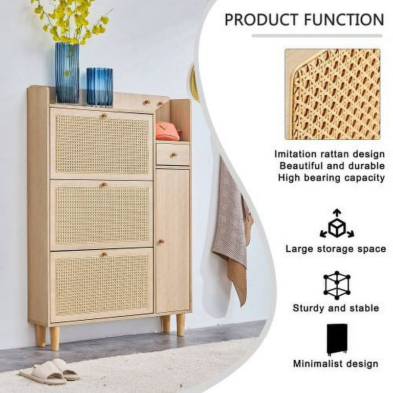 Rattan Shoe Cabinet, Shoe Storage Cabinets with 3 Rattan Decorated Flip  Drawers, Freestanding 3 Tier Wood Shoe Racks Organizer, Applicable to  dressing table in bedroom, porch, living room. 
