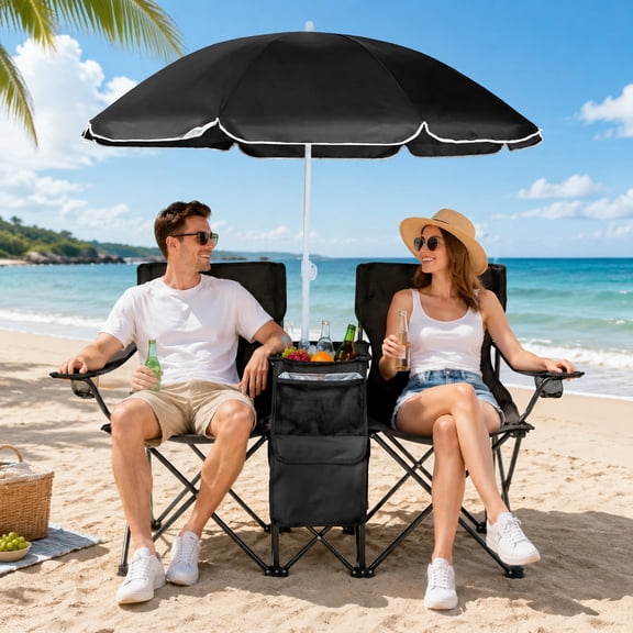 Double Folding Camping Chair with Removable Umbrella, 2 Person Outdoor Loveseat Chair with Cooler Bag, Cup Holders & Carry Bag for Beach Lawn Picnic