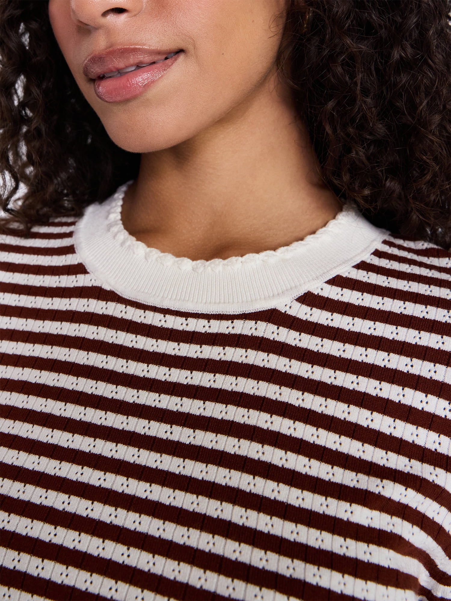 Time and Tru Women's Stripe Pointelle Rib Sweater with Long Sleeves, Lightweight, Sizes XS-XXXL