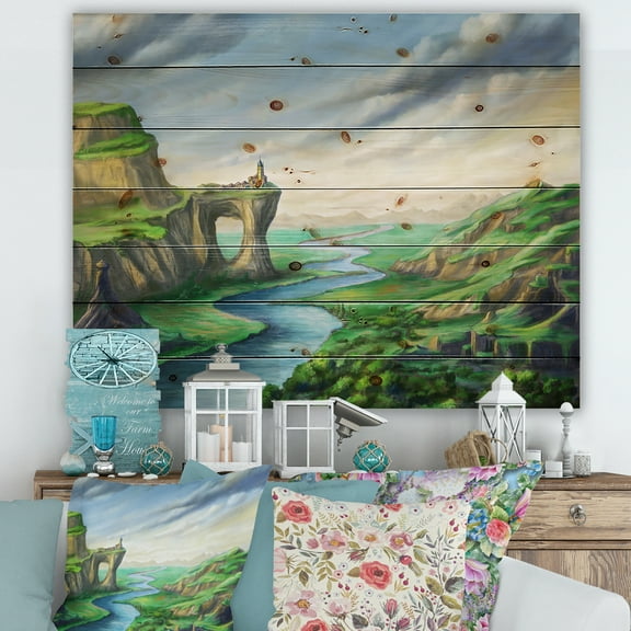 Designart 'Meandering River With Blue Fantasy Landscape' Lake House Print on Natural Pine Wood