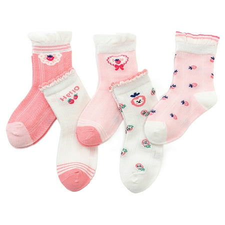 

rygai 5 Pairs Breathable Mesh Wear-resistant Thin Baby Socks Cartoon Print Mid-Tube Girls Ankle Socks for Indoor Pink