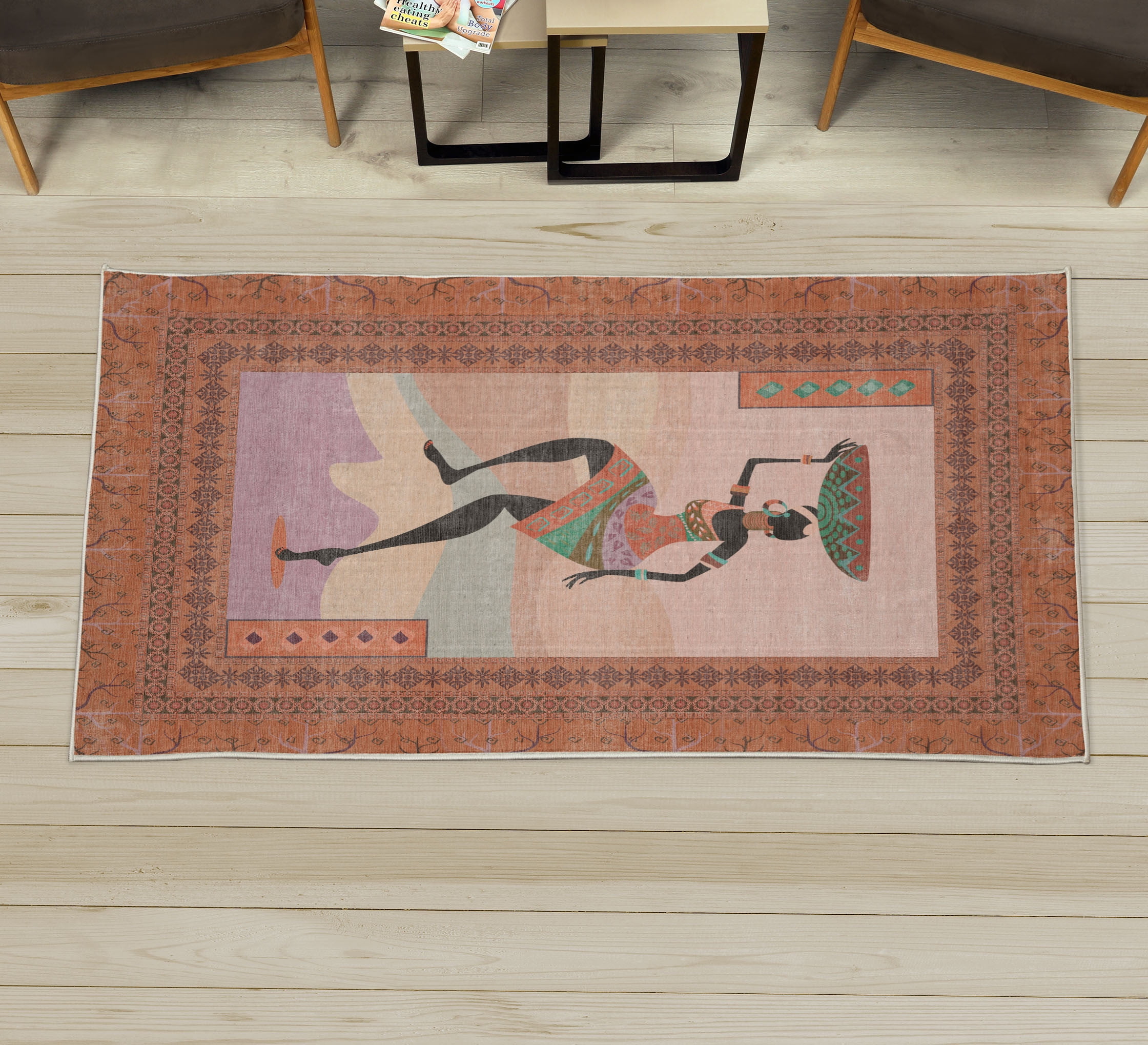 African Decorative Rug, Lady Silhouette in Folk Indigenous Clothes and