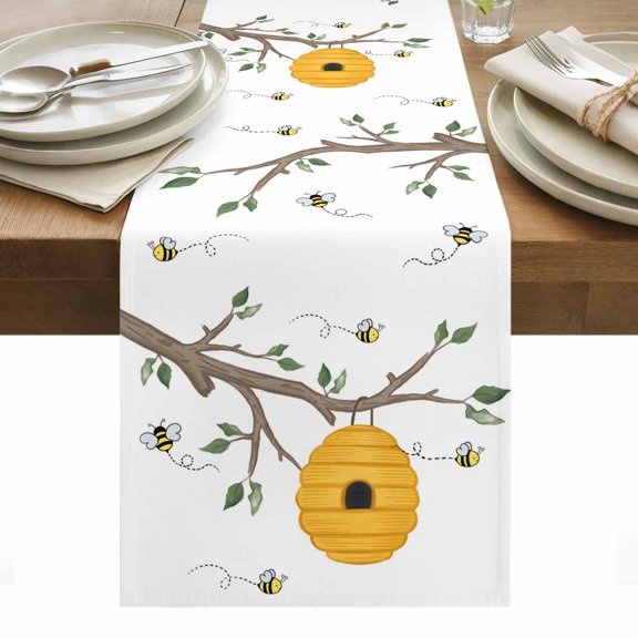 Bees Branches Table Runner - 108 Inch Long, Kitchen Dining Table Runner Dresser Scarves, Farmhouse Spring Botanical Watercolor Farmhouse Decor for Coffee Tables Wedding Party Banquet