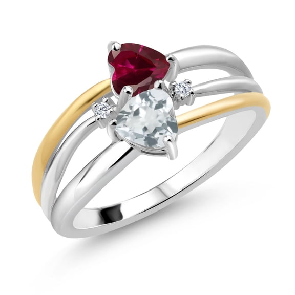 Gem Stone King 925 Silver and 10K Yellow Gold Red Created Ruby and Sky Blue Aquamarine and White Lab Grown Diamond Band Ring for Women (1.04 Cttw, Gemstone July Birthstone, Heart Shape 5MM, Size 6)