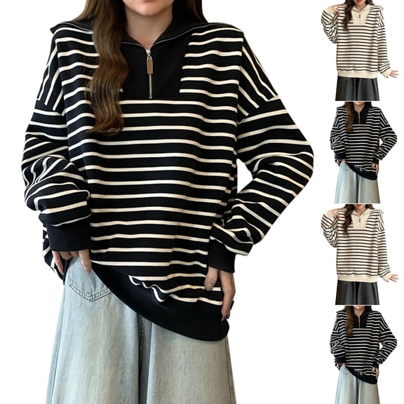 BiZtdJrK 1/4 Zip Pullover Women Striped Turndown Collar Long Sleeve Casual Sweatshirts Drop Shoulder Fashion Sweat Shirt Black M