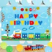 Train Party Decorations for Boys Girls, Chugga Train Theme Happy Birthday Banner Backdrop, Large Cute Transportation Photo Background for Kids Party Supplies