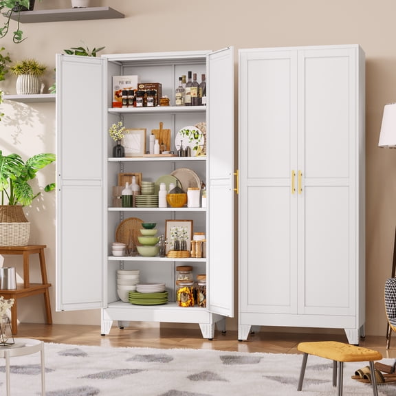 Erosoei Freestanding Metal Pantry Food Storage Cabinet with 4 Adjustable Shelves and 2 Doors for Home