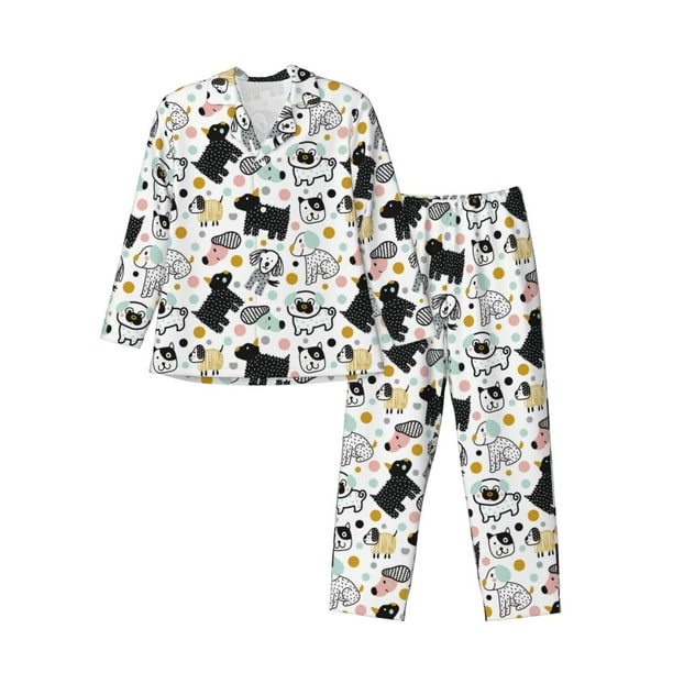 Fotbe Funny Puppy Pijama de Hombre con Estampado de Manga Larga, Conjunto de 2 Piezas, Ropa de Dormir Suave y Cómoda con Bolsillos-X-Large