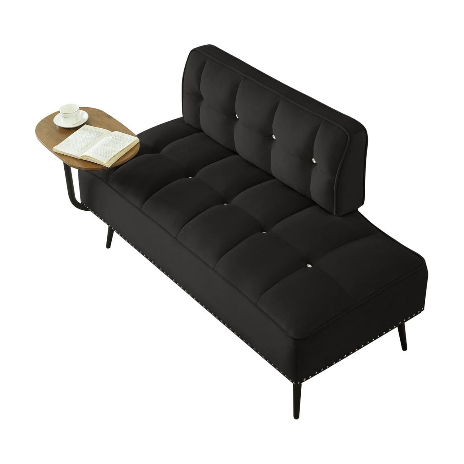 54-Inch Modern 2 Seater Velvet Sofa with 360 Rotating Side Table, Upholstered Couch with Nailhead Trim for Living Room Bedroom Apartment, Black