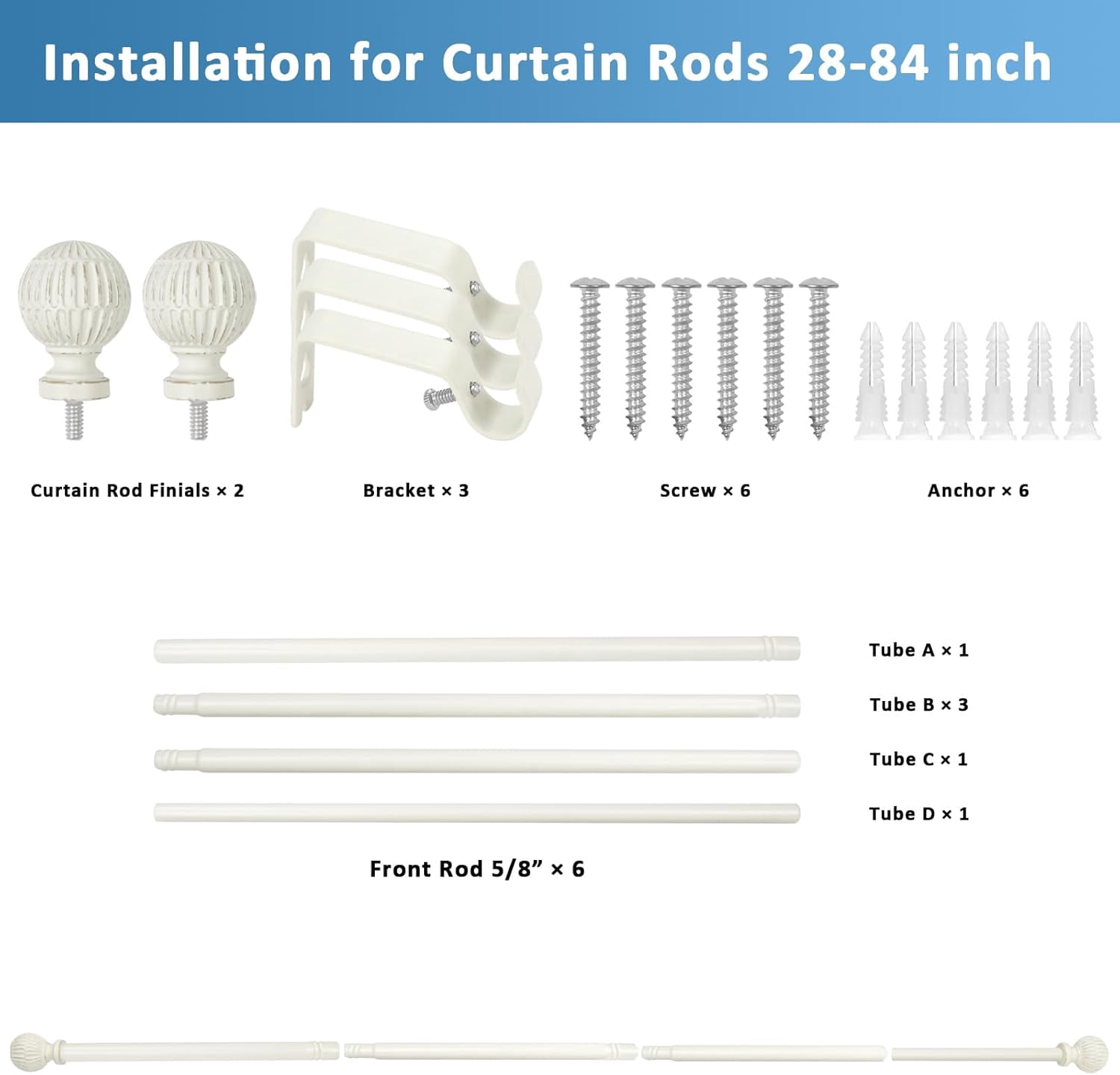 Urbanest Adjustable Volle Single Curtain Rod Set – 5/8 - Inch Diameter, With Weathered White Rod, 28–84 Inches