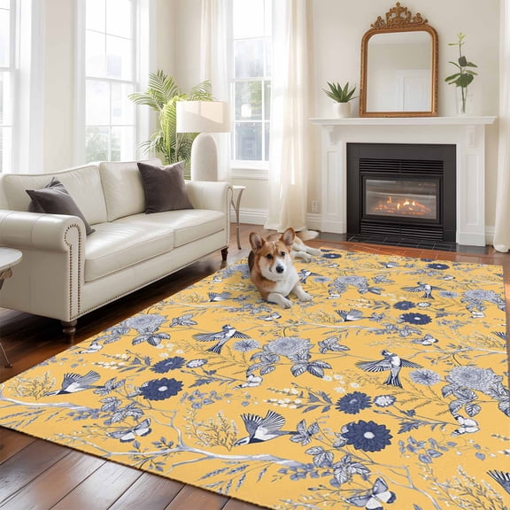 5'x8' Area Rugs, Vintage Flower Indoor Outdoor Area Rug for Living Room Bedroom, Country Bird Garden Butterfly Yellow Washable Bathroom Rugs Kitchen Floor Carpet Mats Home Decor Aesthetic