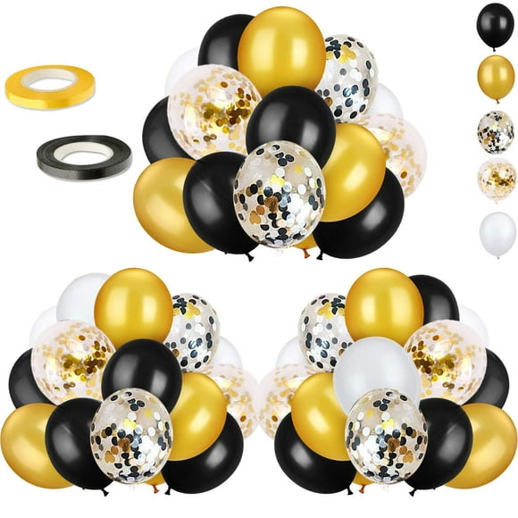 72 Pack Black White and Gold Confetti Balloons Decoration - 12inch White Pearl and Gold Metallic Latex Party Balloon Set with 64ft Gold Black Ribbon for Graduation Birthday Wedding Baby Shower Birthda