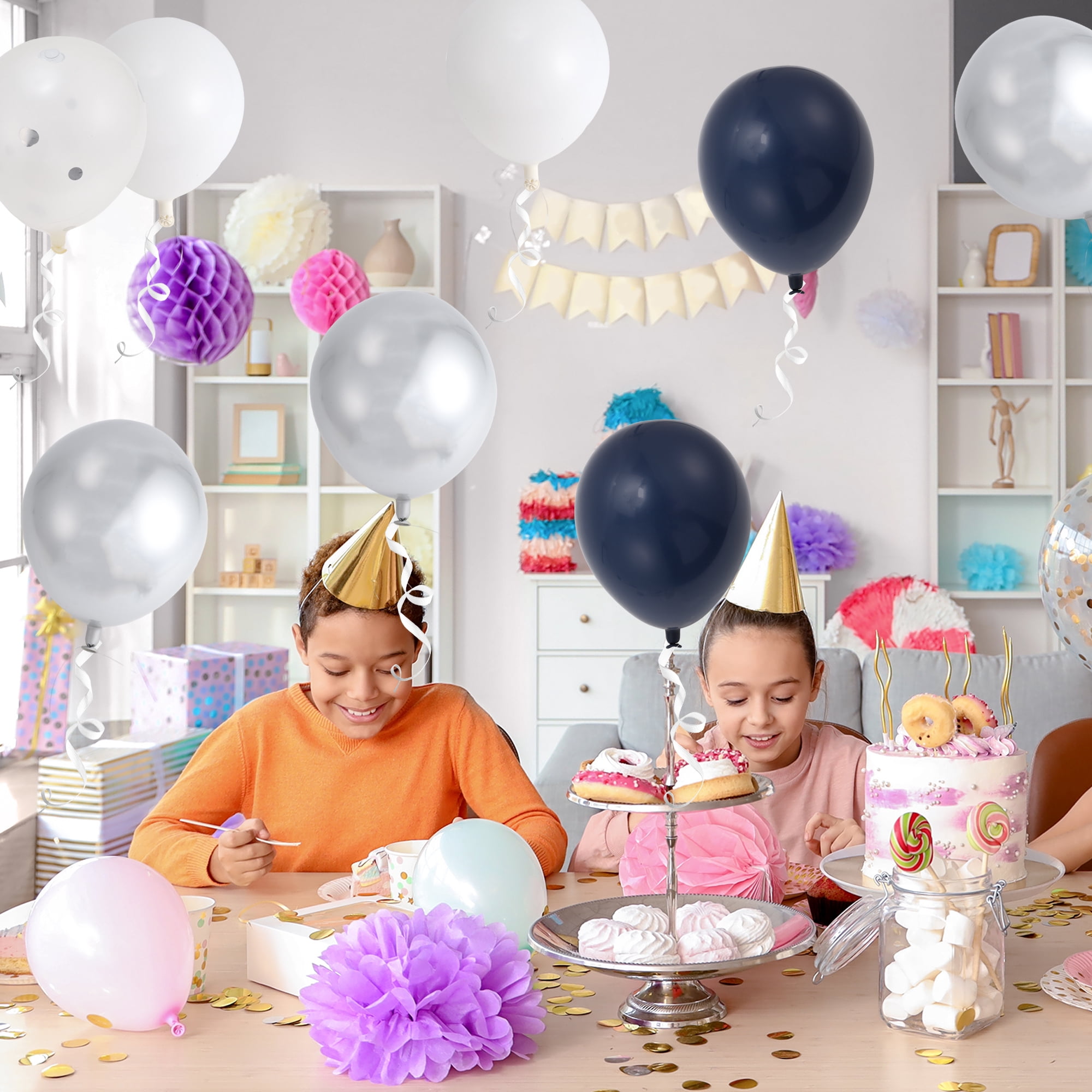 Unique Bargains Latex Party Balloons with Ribbon Deep Blue White Silver Clear 10inch 20Pcs