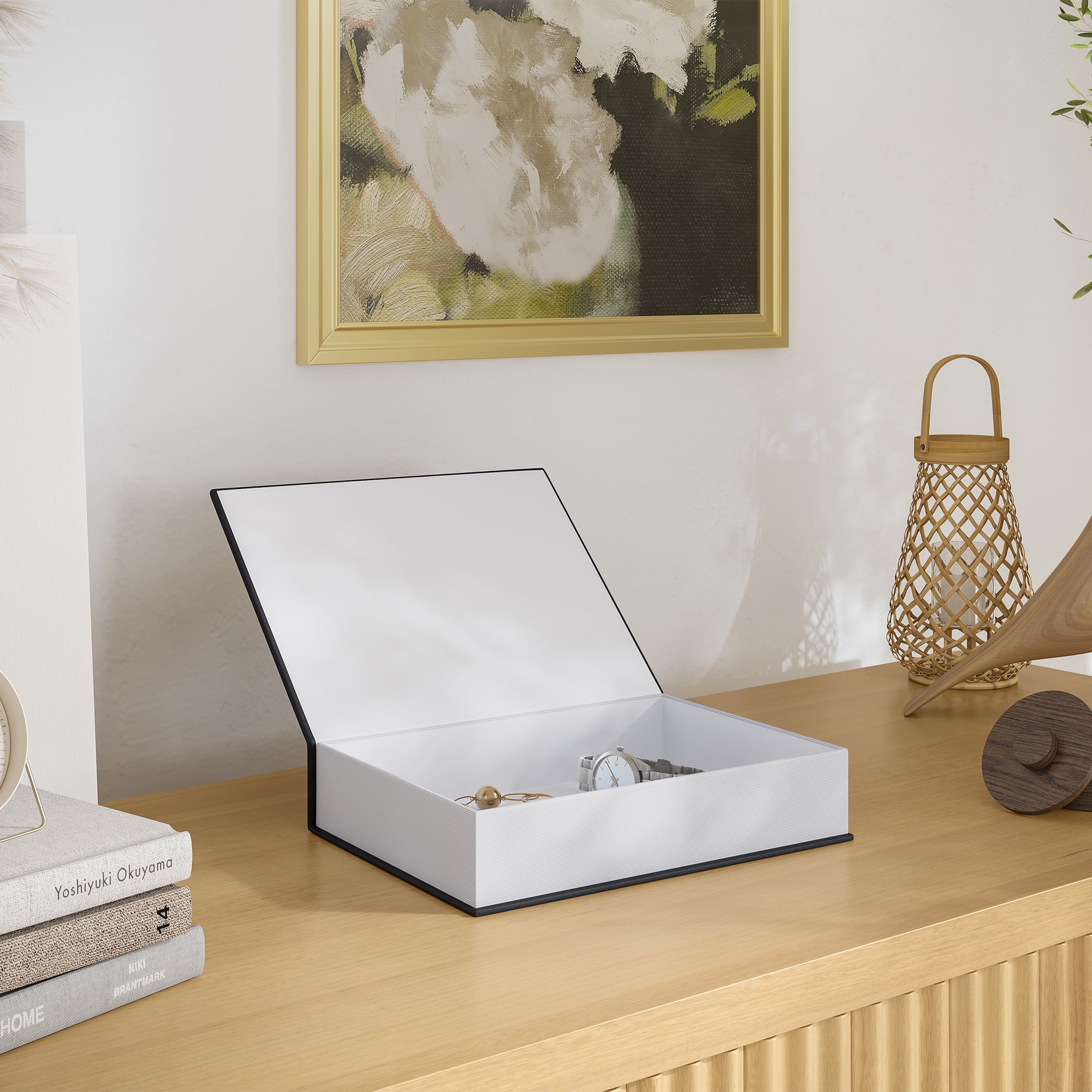 Beautiful Floral Faux Book Decorative Storage Box by Drew Barrymore, 7" x 9", Black