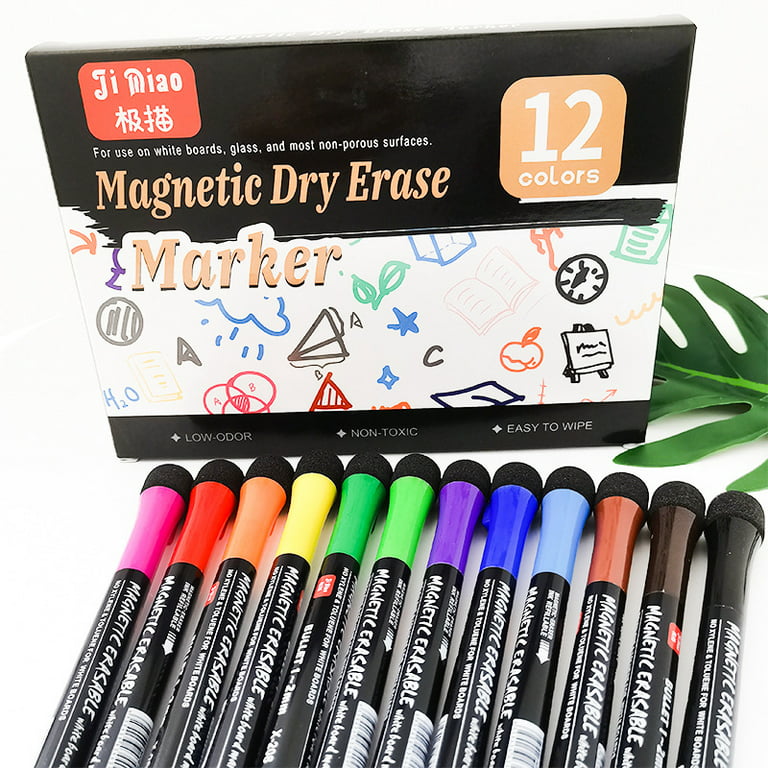 Magnetic Dry Erase Markers Fine: 12 Colors Erasable Whiteboard Markers Fine  Point With Eraser Cap, Low Odor White Board Dry Erase Pens Fine Tip For Ki