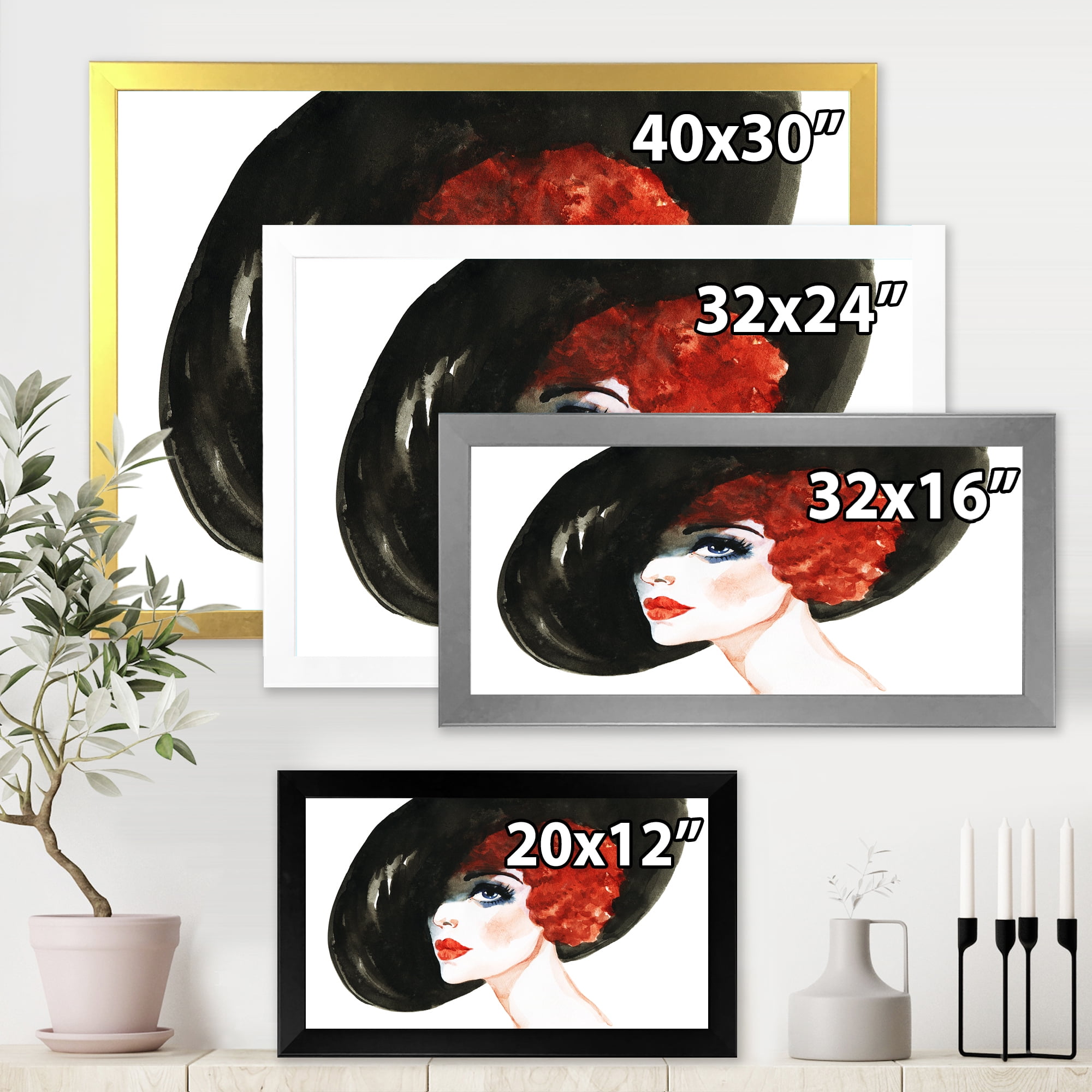 Designart 'Portrait of Woman Red Head Lady In Hat' Modern Framed Art Print