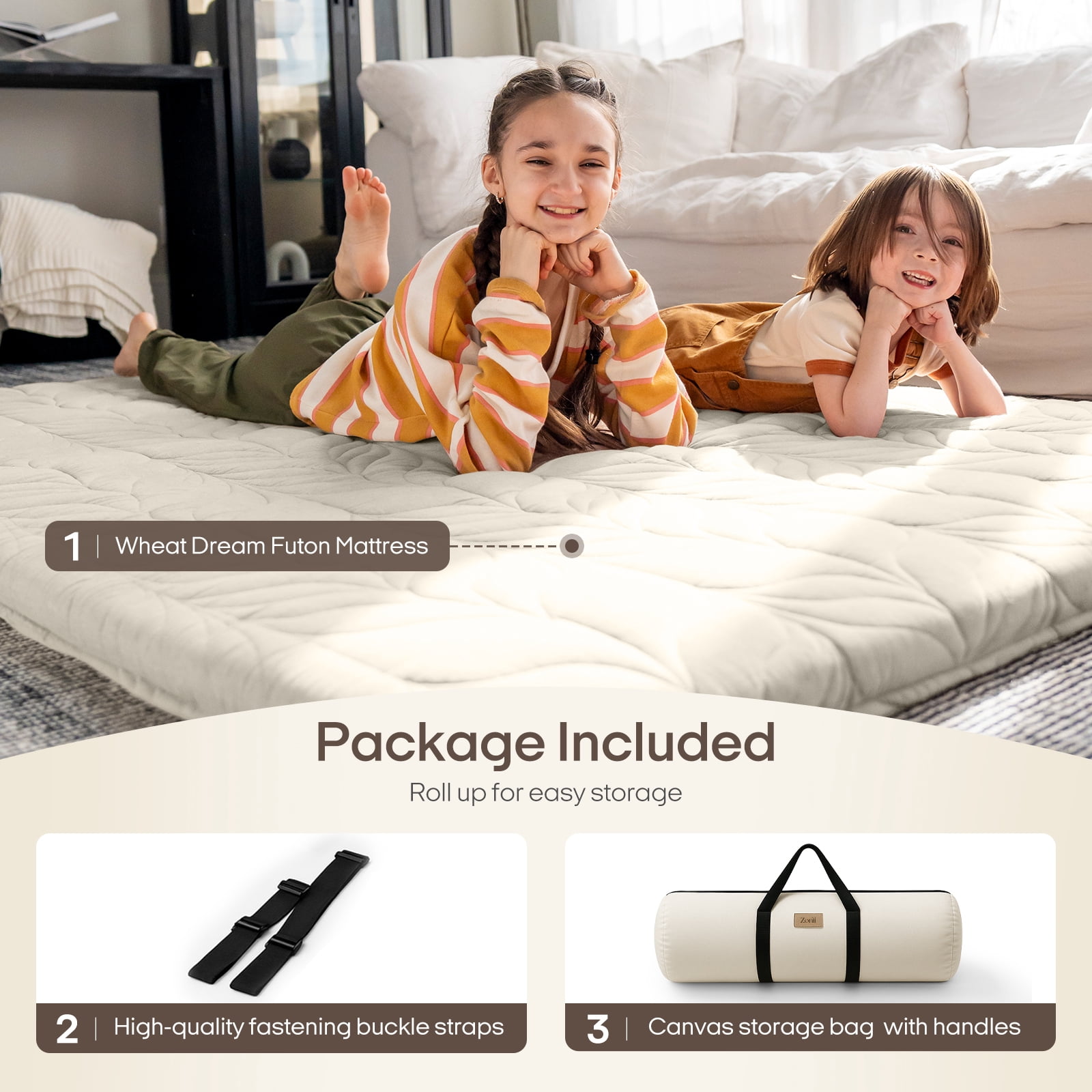 Zonli Japanese Floor Mattress Futon, Foldable Tatami Mat with Cotton Cover, Full 75"x54", Khaki