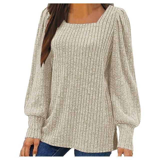 Meichang Puff Long Sleeve Shirts for Women Plus Size Square Neck Ribbed Knit Tops Solid Loose Fit Side Slit Hem Blouses Spring Trendy Women Tunic Tops
