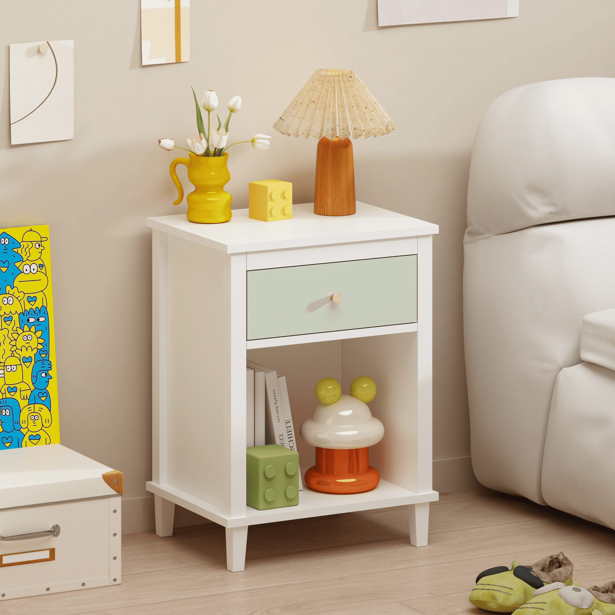 26.77"H Wooden Nightstand with One Drawer One Shelf for Kids, Adults, Sage+Golden handle