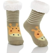 Zando Kids Girls Boys Slipper Socks Christmas Warm Fleece Fuzzy Socks Non-Skid Children Animal Thick Grip Fluffy Socks Coffee Giraffe 2XL
