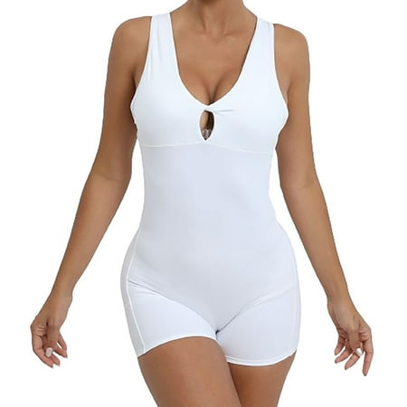 Womens Open Back Jumpsuits One Piece Shorts Bodysuit Rompers Yoga Sleeveless Cut Out V Neck Bodycon Outfits (Small  White)