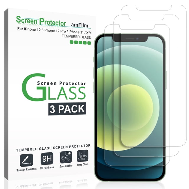 amFilm Protector de Pantalla de Vidrio Compatible con iPhone 12 iPhone 12 Pro Display con Bandeja de Fácil Instalación Vidrio Paquete de 3