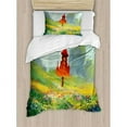 thumbnail image 3 of Fantasy Duvet Cover Set, Lady in Floral Field Meadow to Red Castle Before Sublime Mountain Art, Decorative 3 Piece Bedding Set with 2 Pillow Shams, Queen Size, Red Green, by Ambesonne, 3 of 3