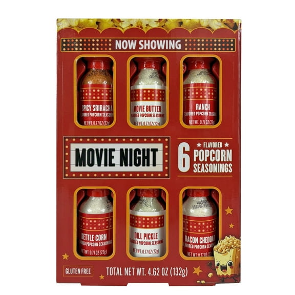 Movie Night six count dry seasoning sampler collection by MSRF, Inc. includes these flavors: spicy sriracha, movie butter, kettle corn, dill pickle, bacon cheddar and ranch in 0.7oz bottles.