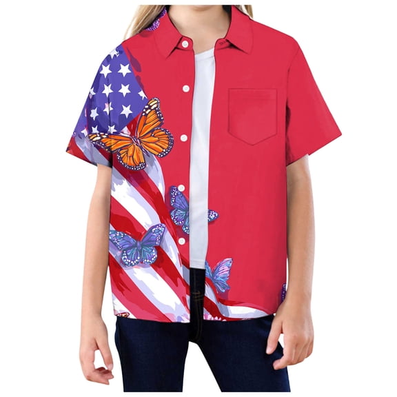 Staki 4th of July Button up Shirt American Flag Shirt Girls Patriotic Hawaiian Shirts 4th of July Tops Kids Red White Blue Hawaii Floral Button Up Shirts 4T 5T 13T(Dark Blue,4-5 Years)