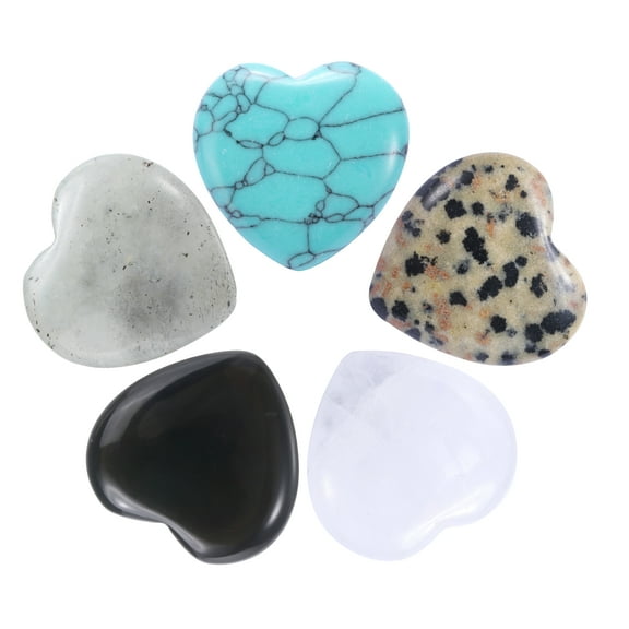 Uxcell 5Pcs Heart Stone Quartz, Heart Worry Stones for Balancing Worry Bulk White, Green, Black White, Moonstone, Black