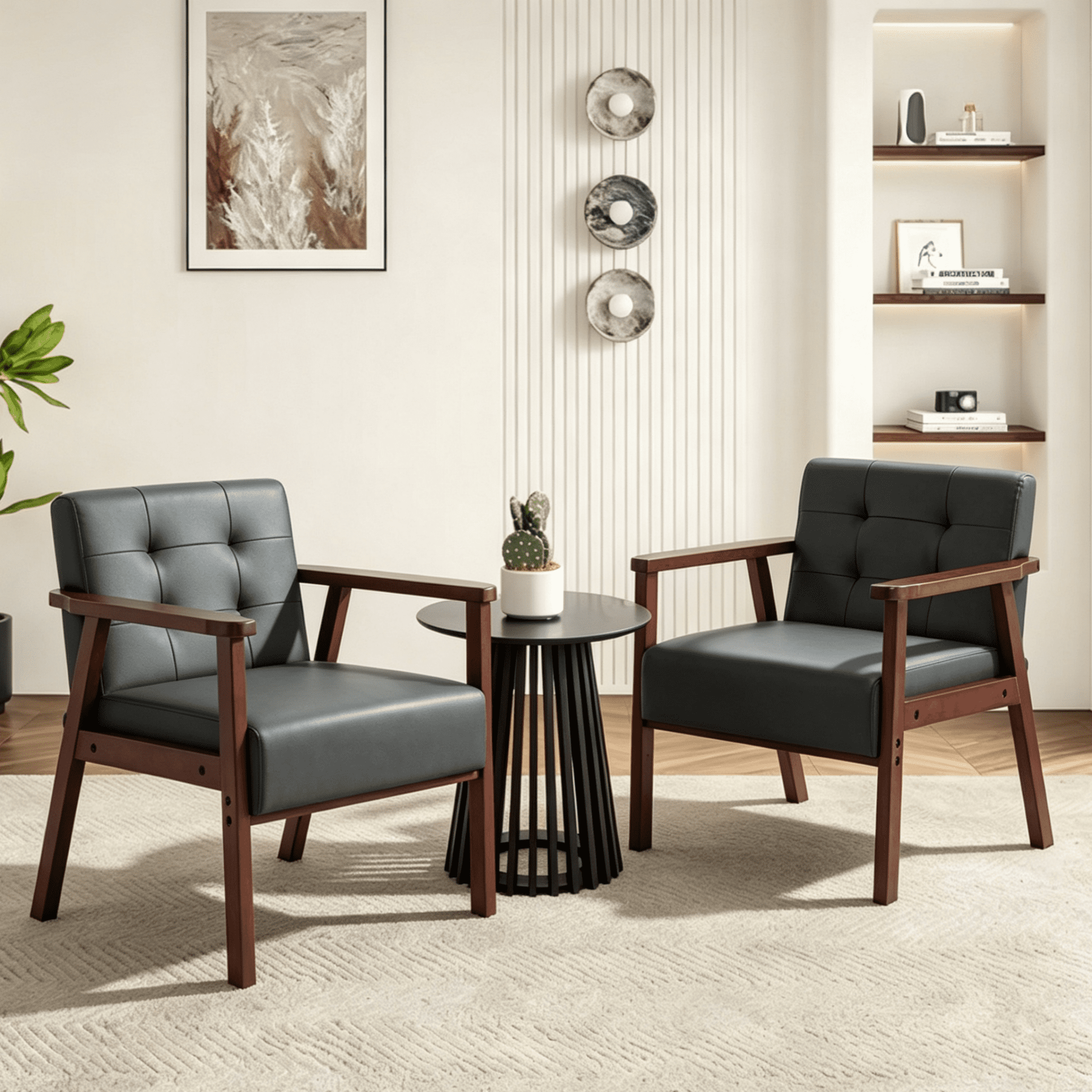 Gewnee PU Accent Chair with Solid Wood Frame,Modern Upholstered Armchair,Single Sofa for Living Room,Apartment,Office.Black
