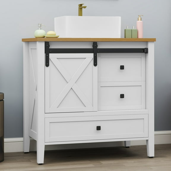Craftian 36'' Bathroom Vanity with Sink Combo & Barn Door, Farmhouse Freestanding Bathroom Storage Cabinet with 3 Drawers, White