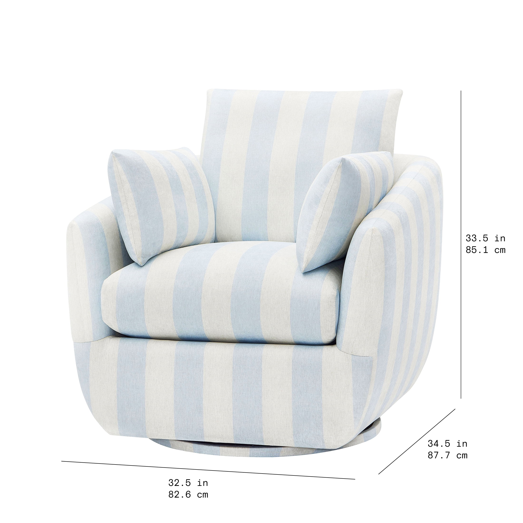 Beautiful Louisa Swivel Chair by Drew Barrymore, Hydrangea and Cream Stripe Fabric
